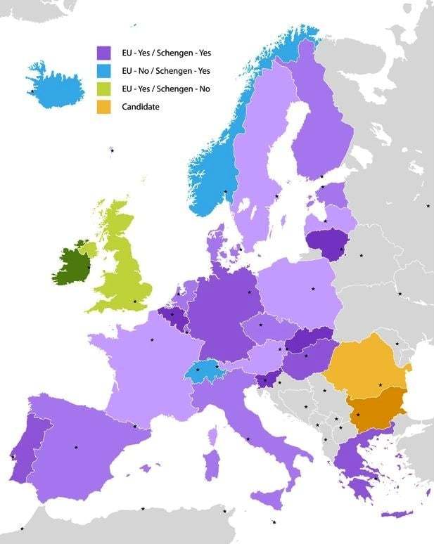 Map of Europe color coded with the countries that belong to the EU and/or the Schengen Area as well as candidates
